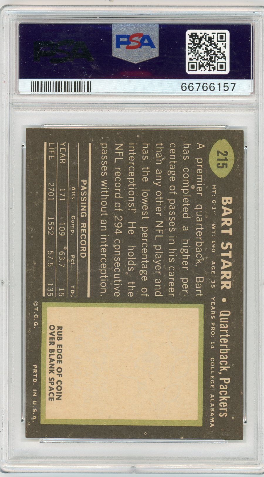 1969 Topps Bart Starr #215 PSA 8