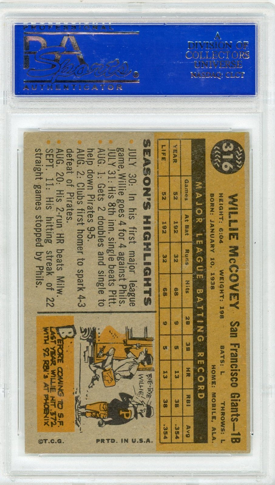 1960 Topps Willie Mccovey #316 All Star Rookie PSA 6
