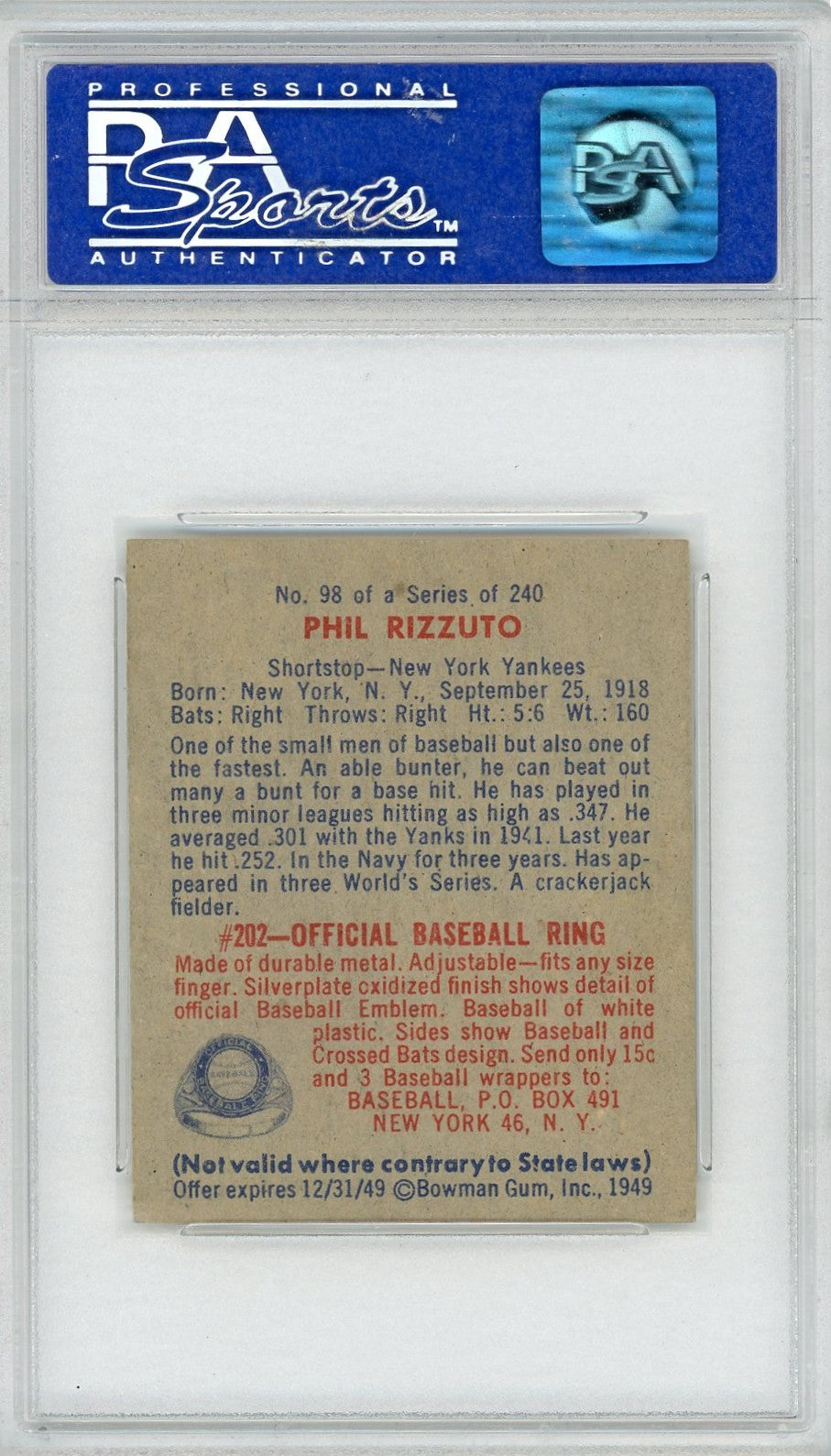 1949 Bowman Phil Rizzuto #98 No Name On Front PSA 7