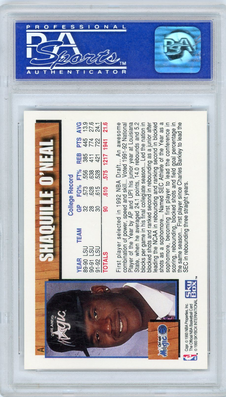 1992 Hoops Draft Redemption Shaquille O'Neal #A PSA 10