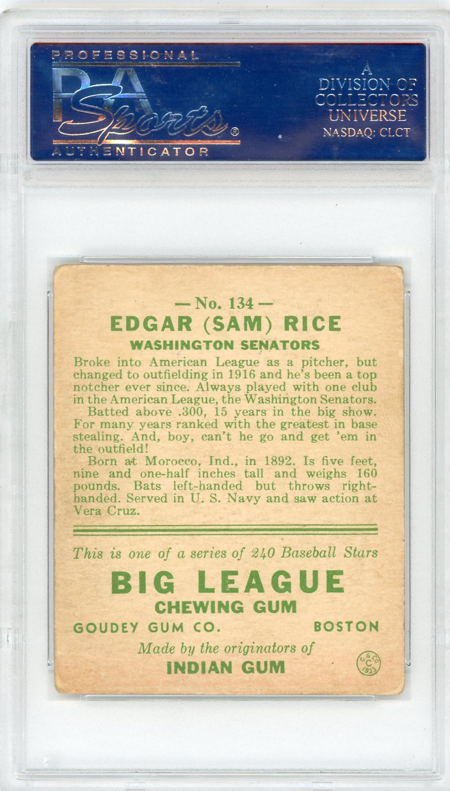 1933 Goudey Sam Rice #134 PSA 3