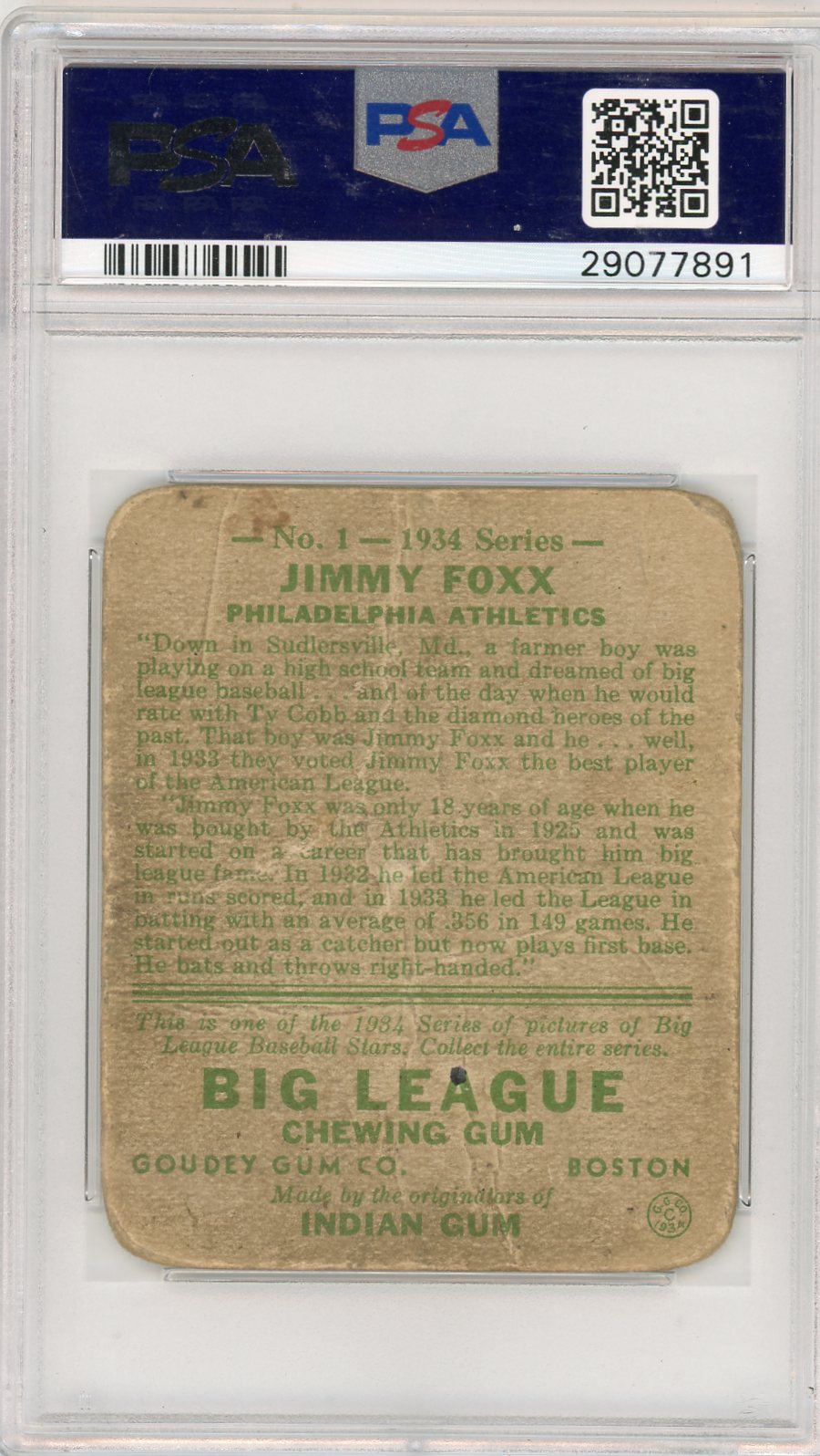 1934 Goudey Jimmy Foxx #1 PSA 1