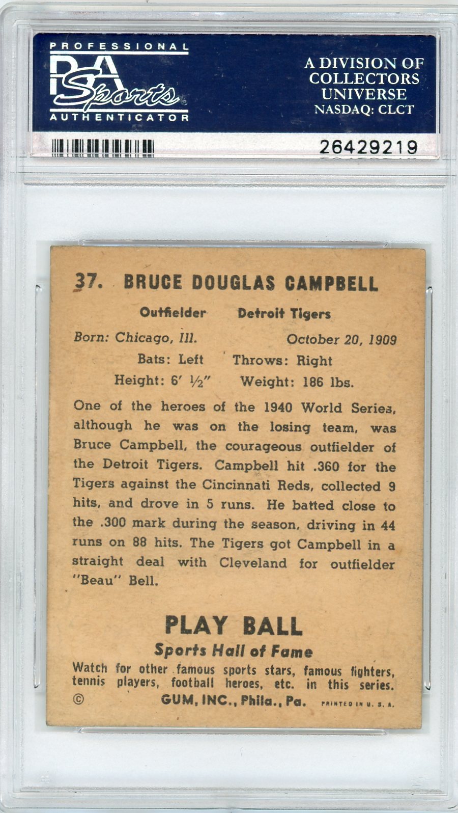 1941 Play Ball Bruce Campbell #37 PSA 5