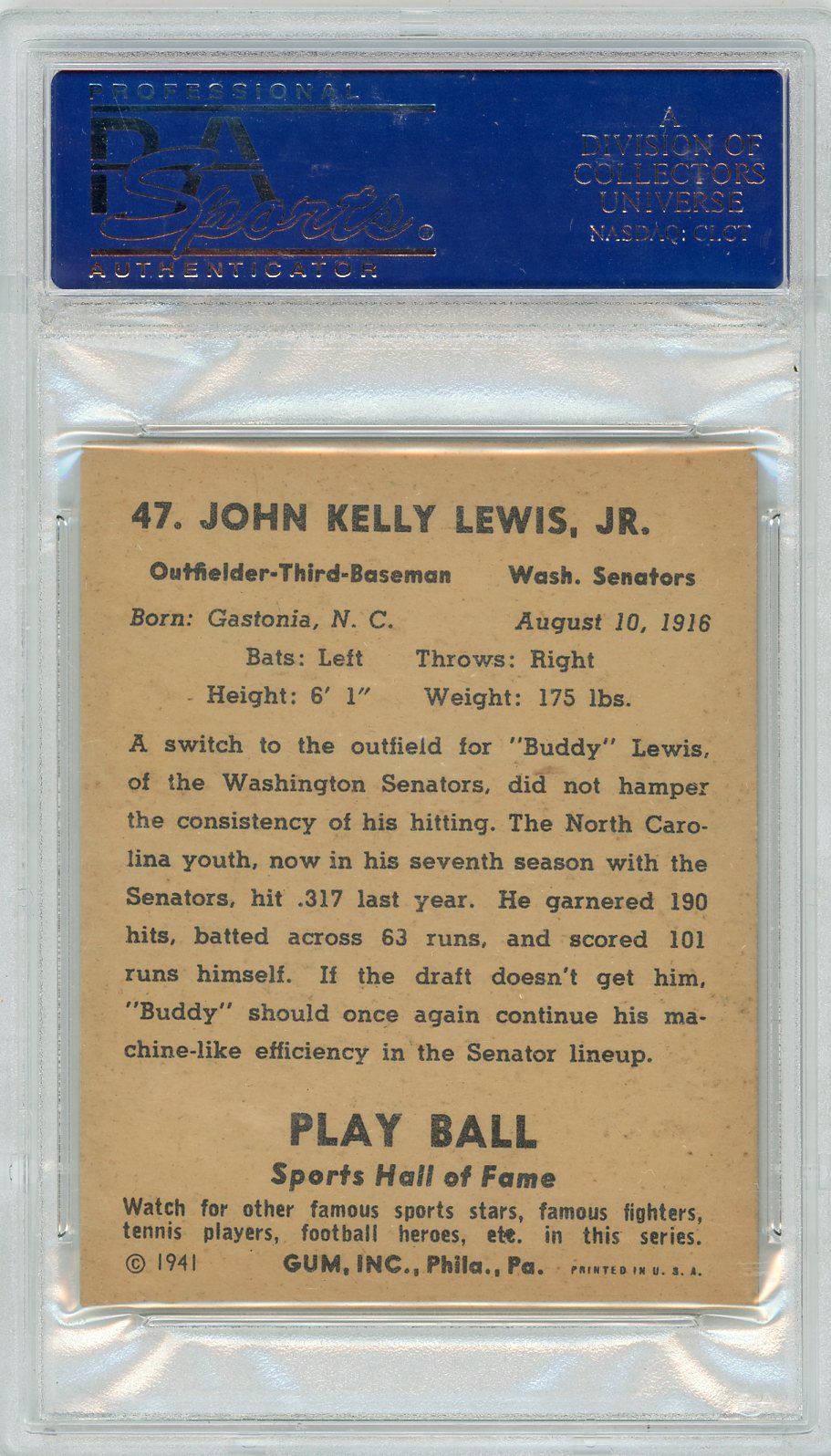 1941 Play Ball Buddy Lewis #47 PSA 5
