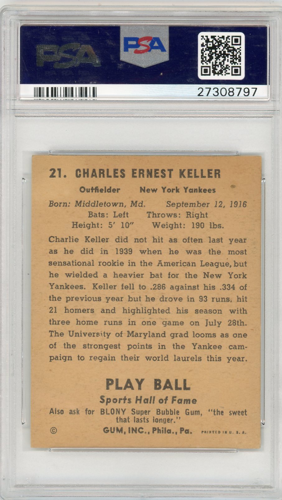 1941 Play Ball Charlie Keller #21 PSA 5