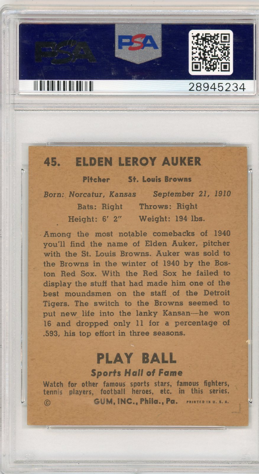 1941 Play Ball Elden Auker #45 PSA 4