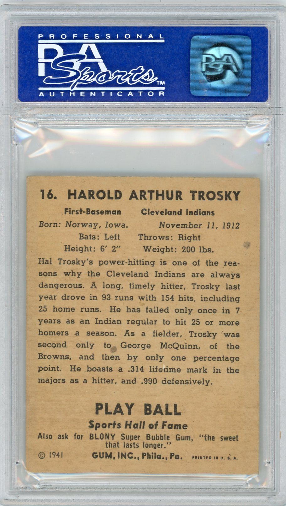 1941 Play Ball Hal Trosky #16 PSA 6