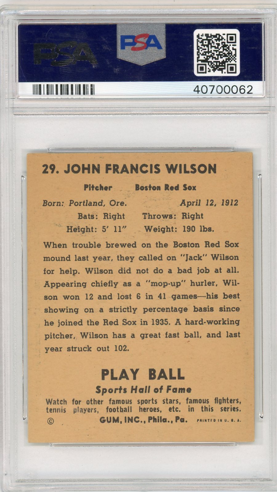 1941 Play Ball Jack Wilson #29 PSA 5