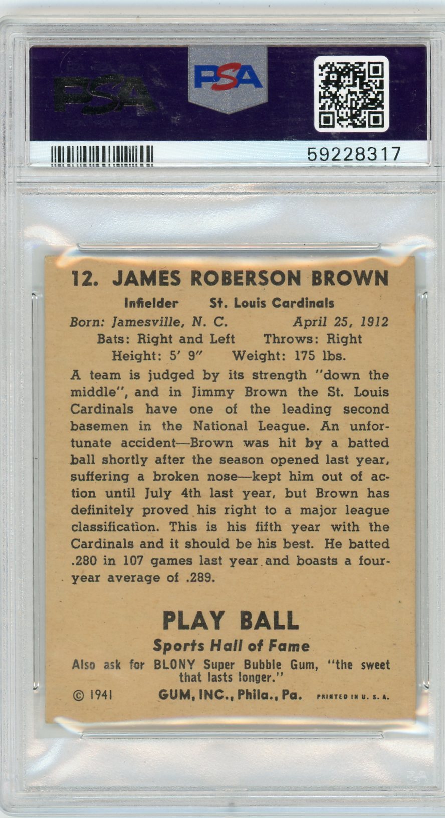 1941 Play Ball Jimmy Brown #12 PSA 5