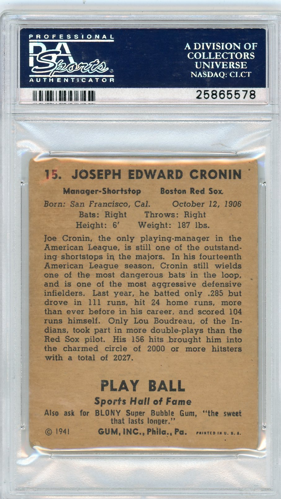 1941 Play Ball Joe Cronin #15 PSA 3