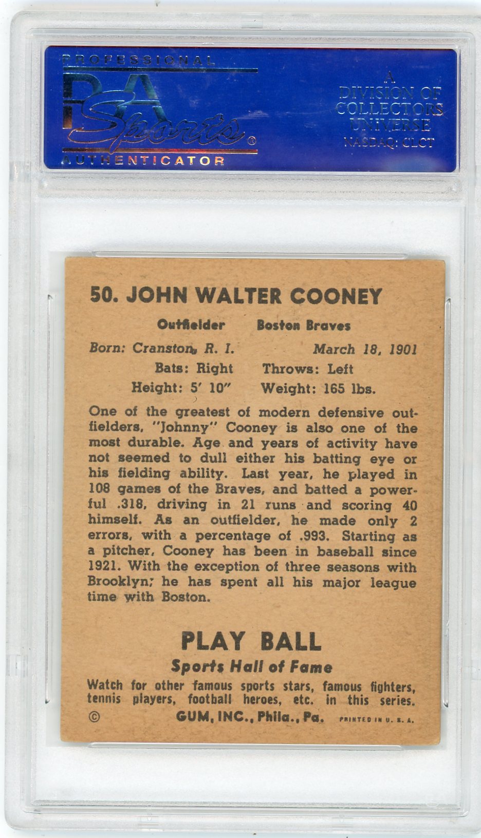 1941 Play Ball Johnny Cooney #50 PSA 5