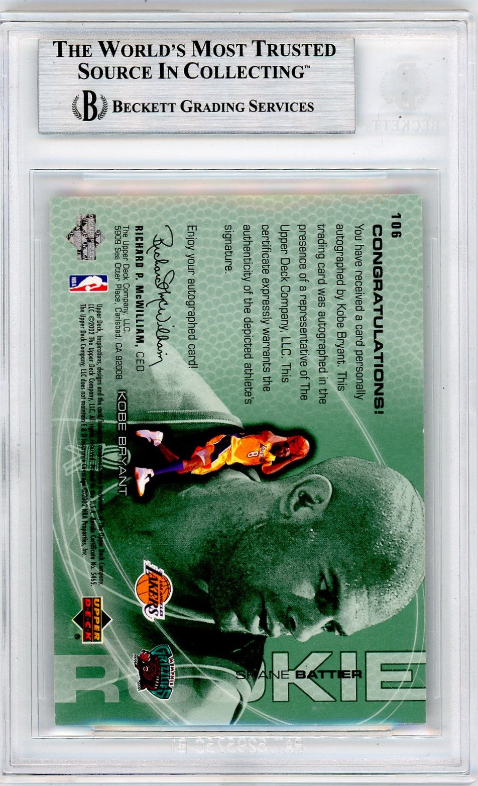 2001 Upper Deck Inspirations Shane Battier Kobe Bryant #106 BGS 8 Rookie Auto 8