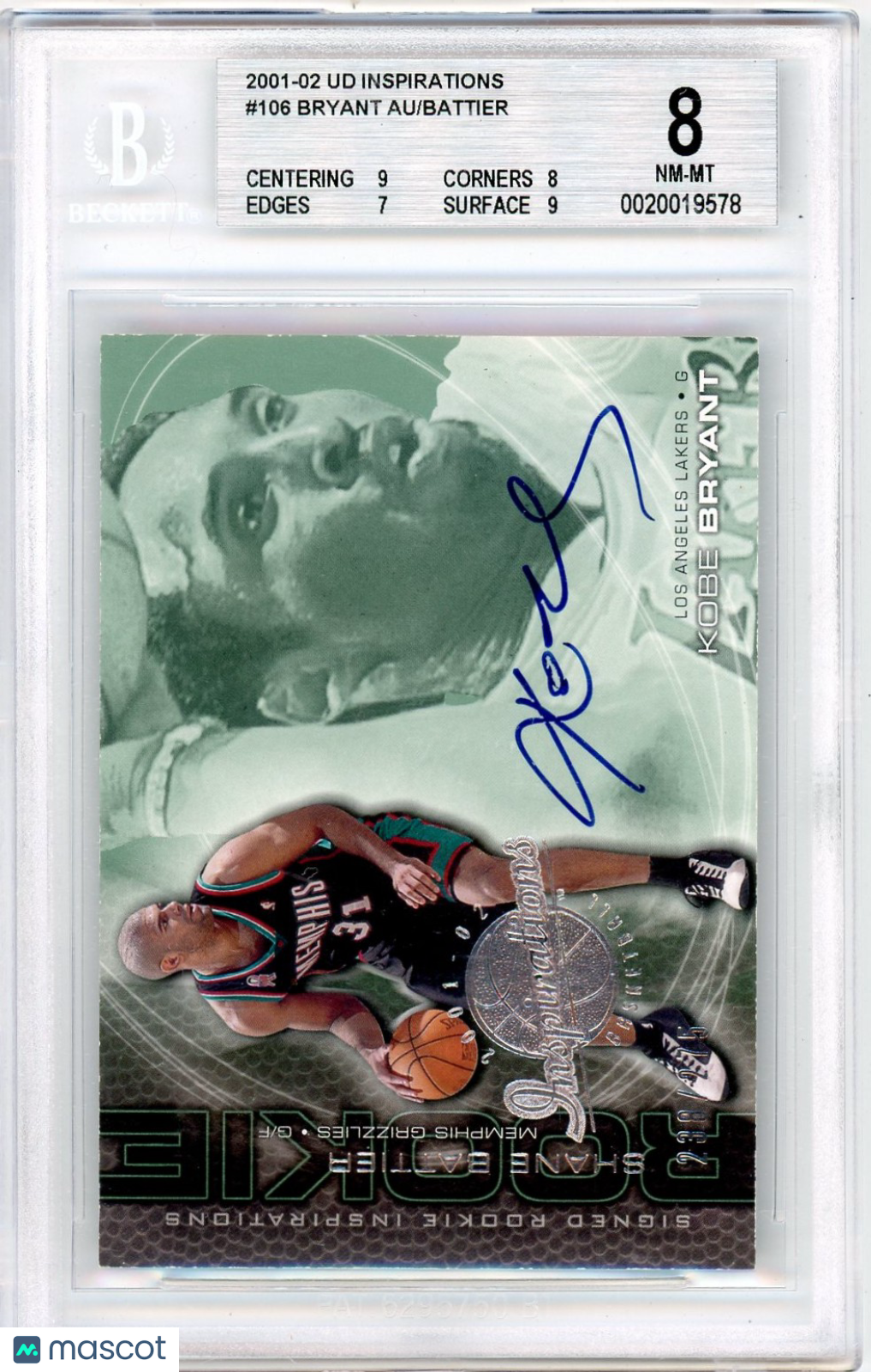 2001 Upper Deck Inspirations Shane Battier Kobe Bryant #106 BGS 8 Rookie Auto 8