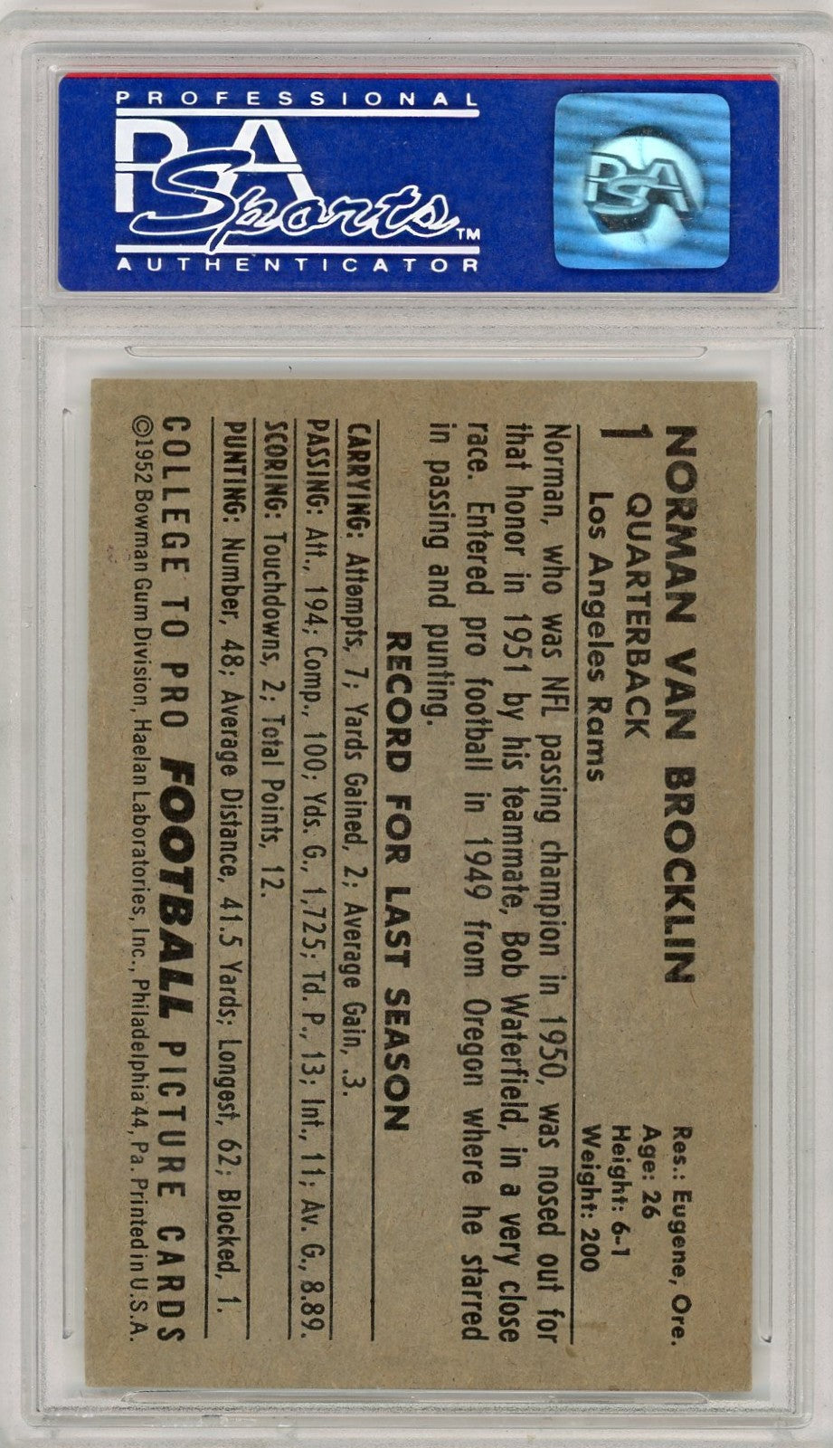 1952 Bowman Large Norm Van Brocklin #1 PSA 7