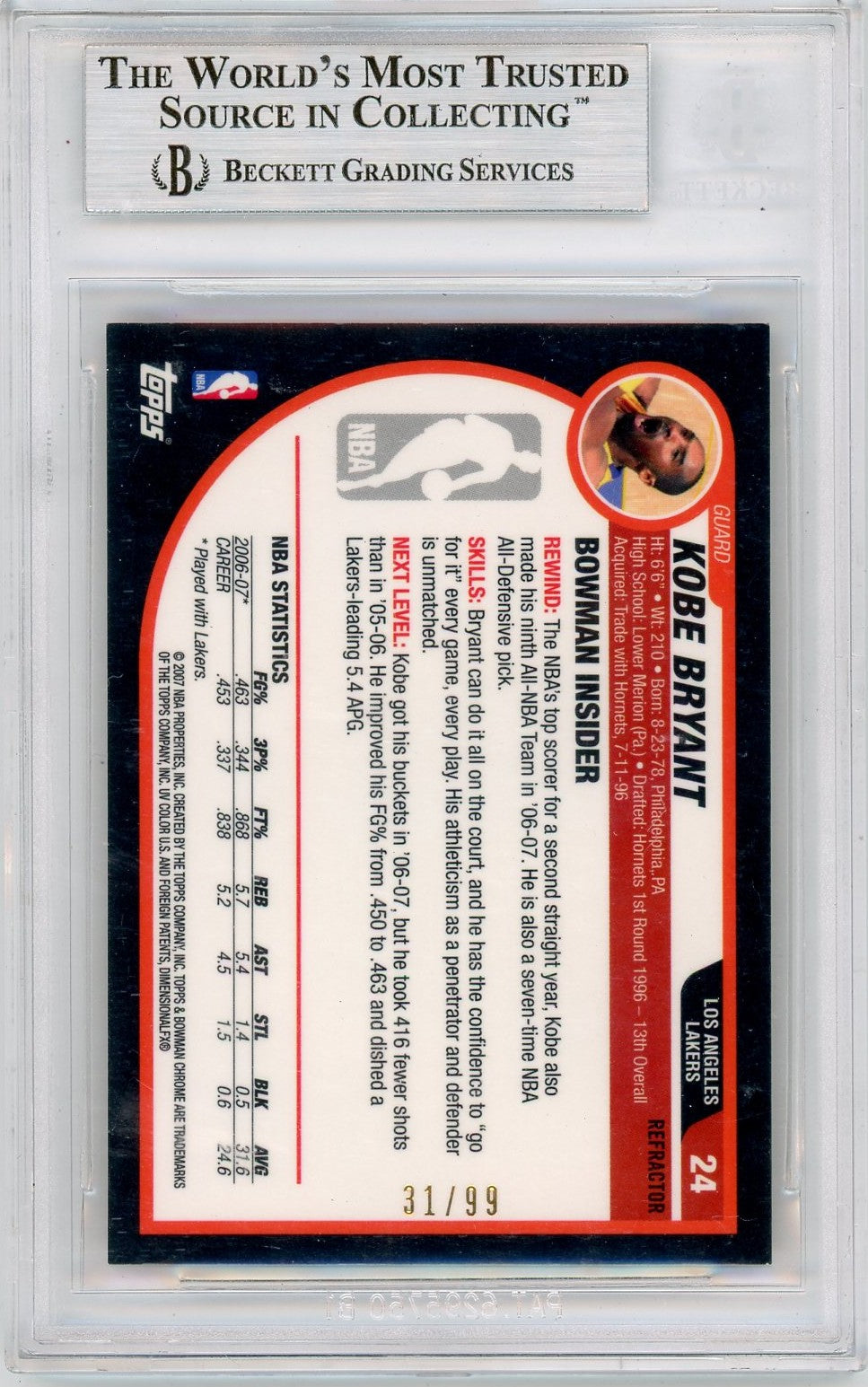 2007 Bowman Chrome Refractors Gold Kobe Bryant #24 BGS 9