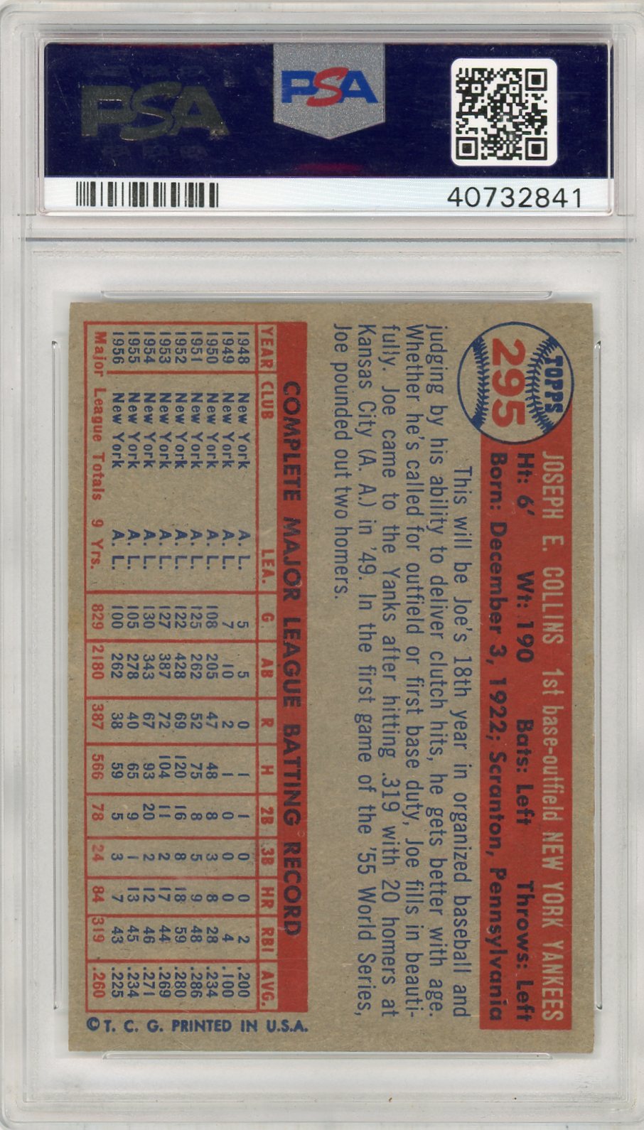 1957 Topps Joe Collins #295 PSA 5