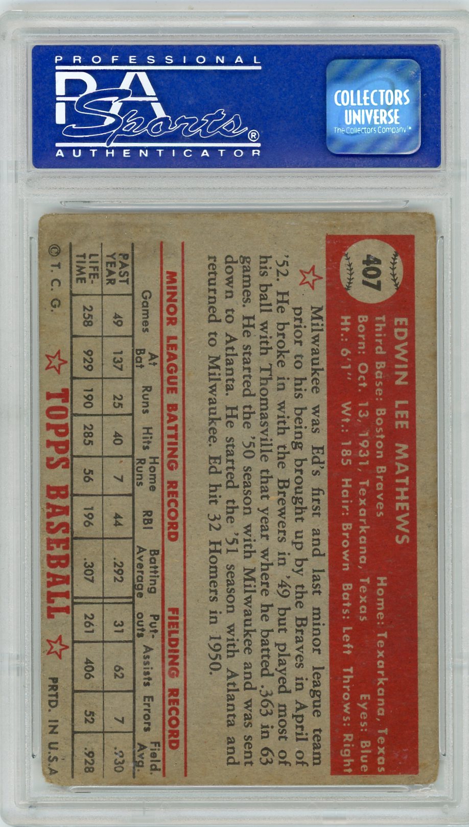 1952 Topps Ed Mathews #407 PSA 1