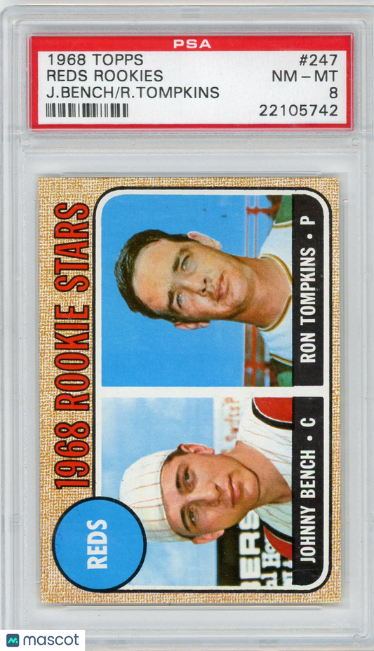 1968 Topps Reds Rookies #247 J. Bench R. Tompkins PSA 8