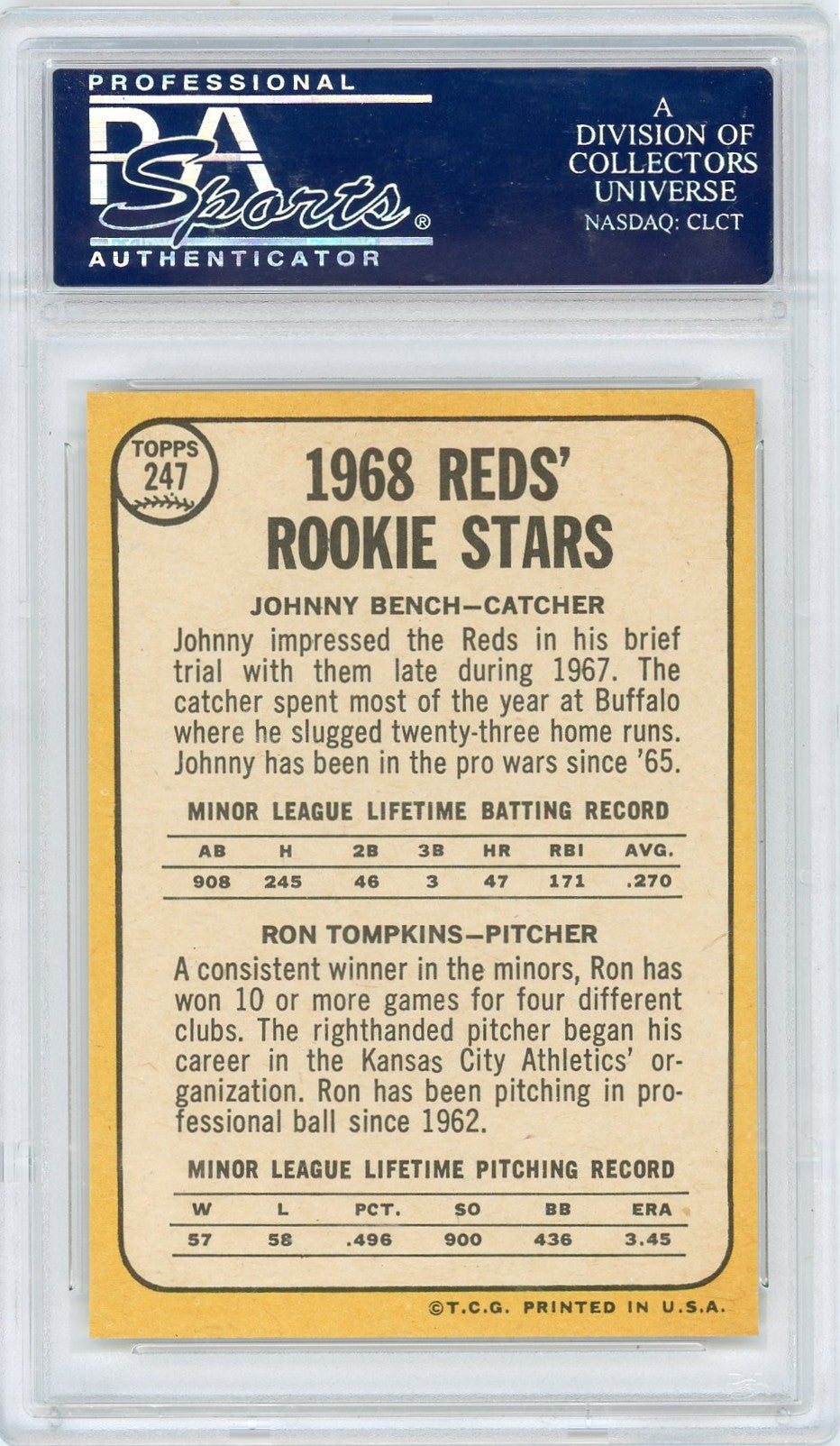 1968 Topps Reds Rookies #247 J. Bench R. Tompkins PSA 8