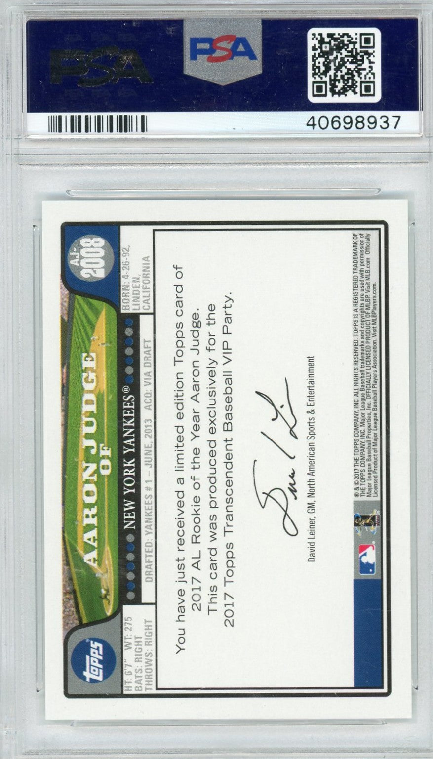 2017 Topps Transcendent Collection Topps History Aaron Judge #2008 PSA 10