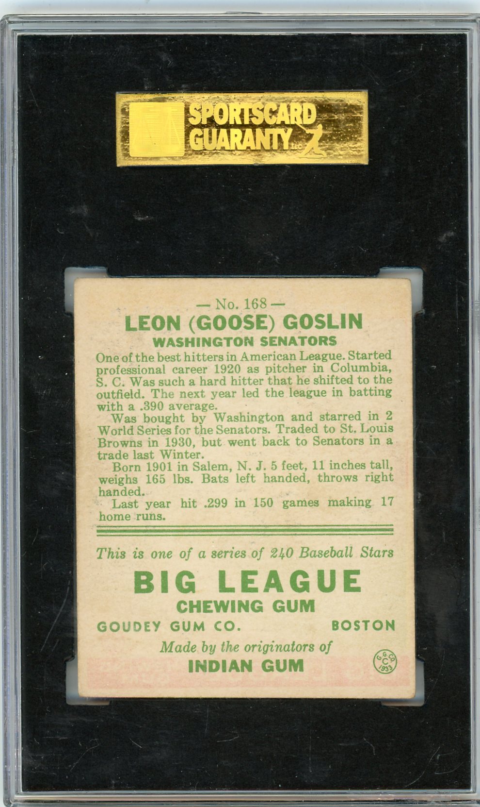 1933 Goudey Goose Goslin #168 SGC 5.5