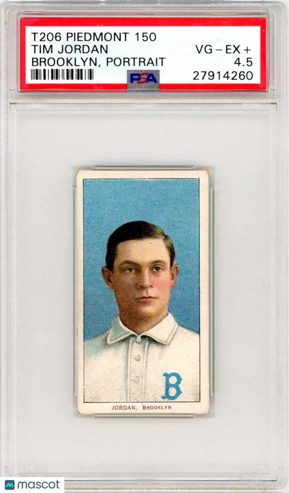 1909-11 T206 Piedmont 150 Tim Jordan Brooklyn, Portrait PSA 4.5