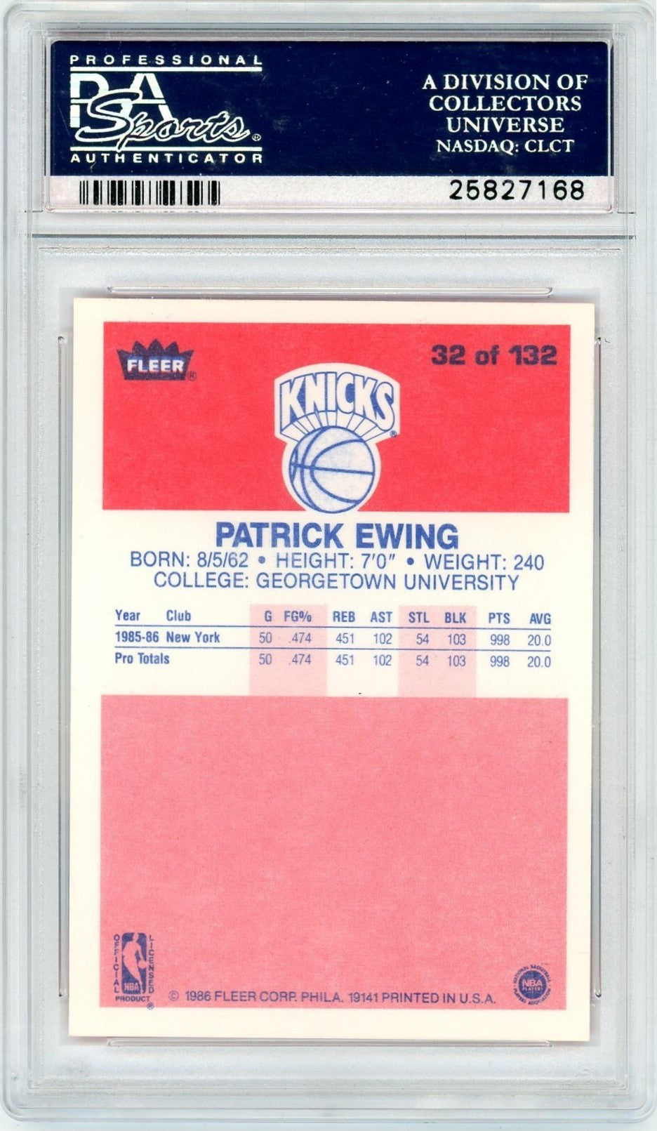 1986 Fleer Patrick Ewing #32 PSA 9