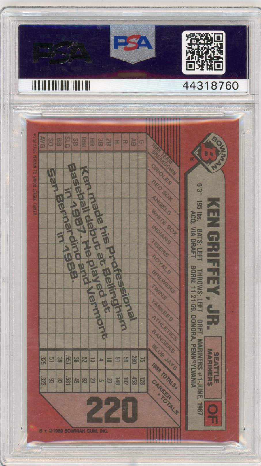 1989 Bowman Ken Griffey JR. #220 PSA 10