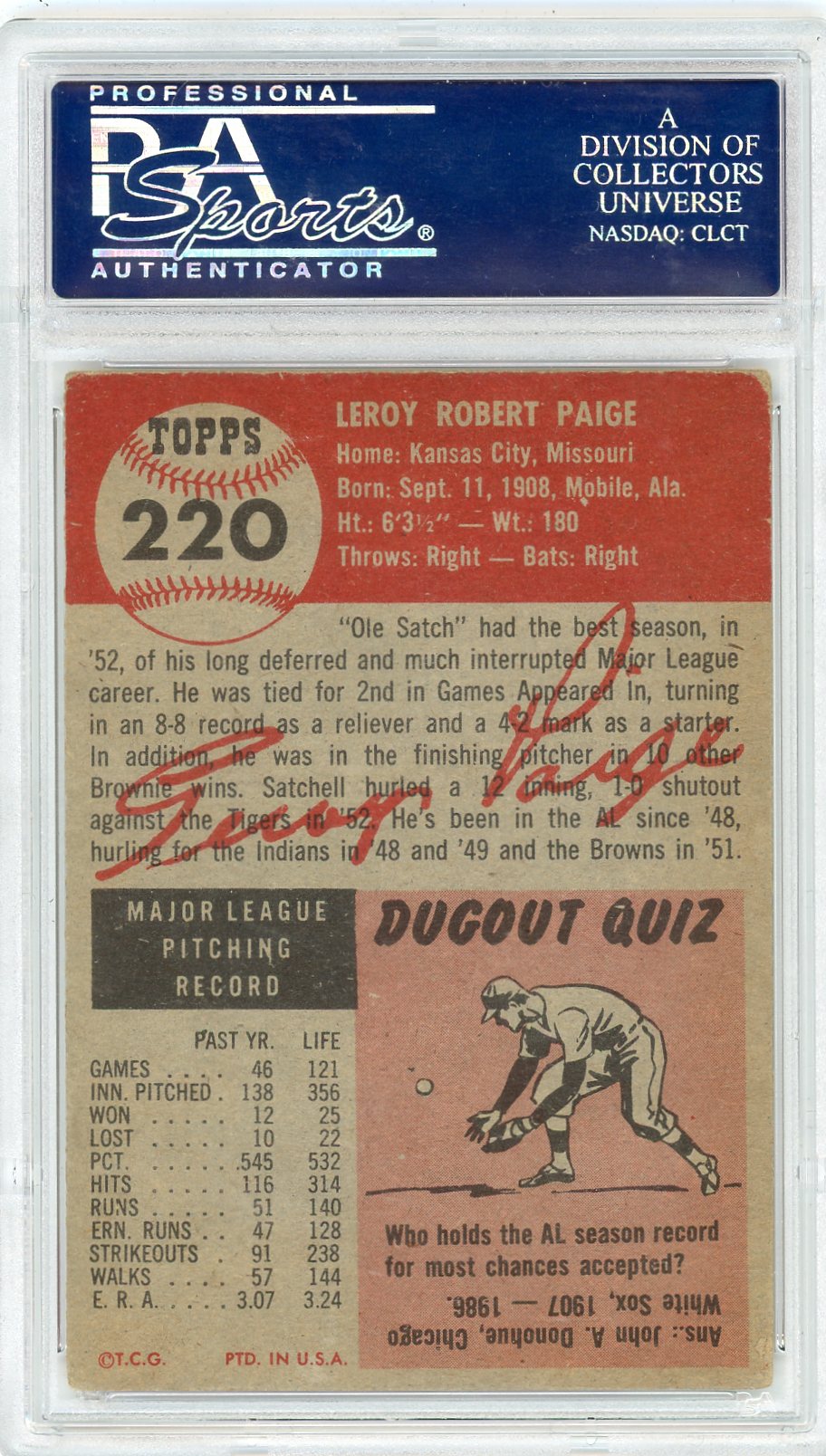 1953 Topps Satchell Paige #220 PSA 3