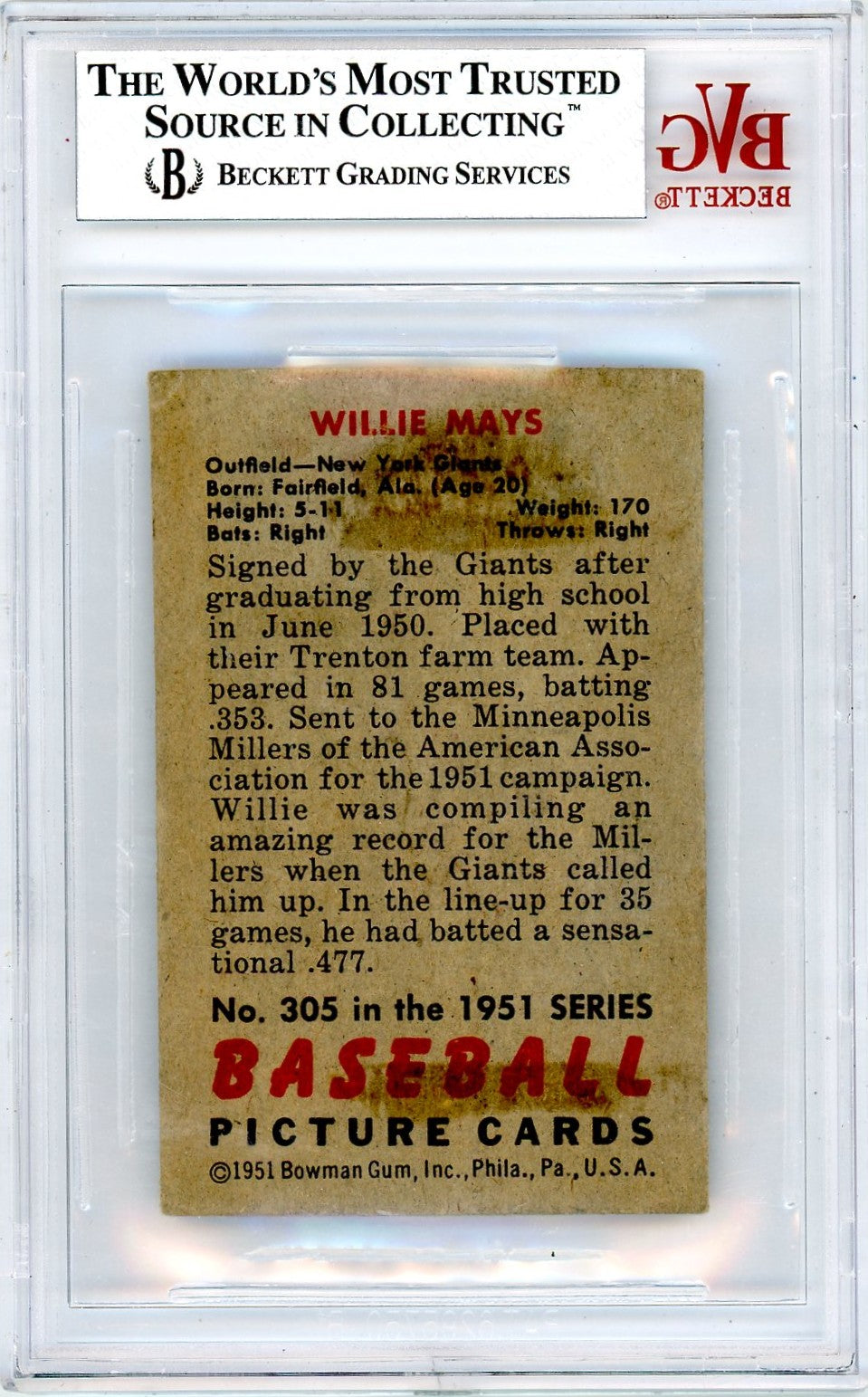 1951 Bowman Willie Mays #305 BVG 4 Rookie