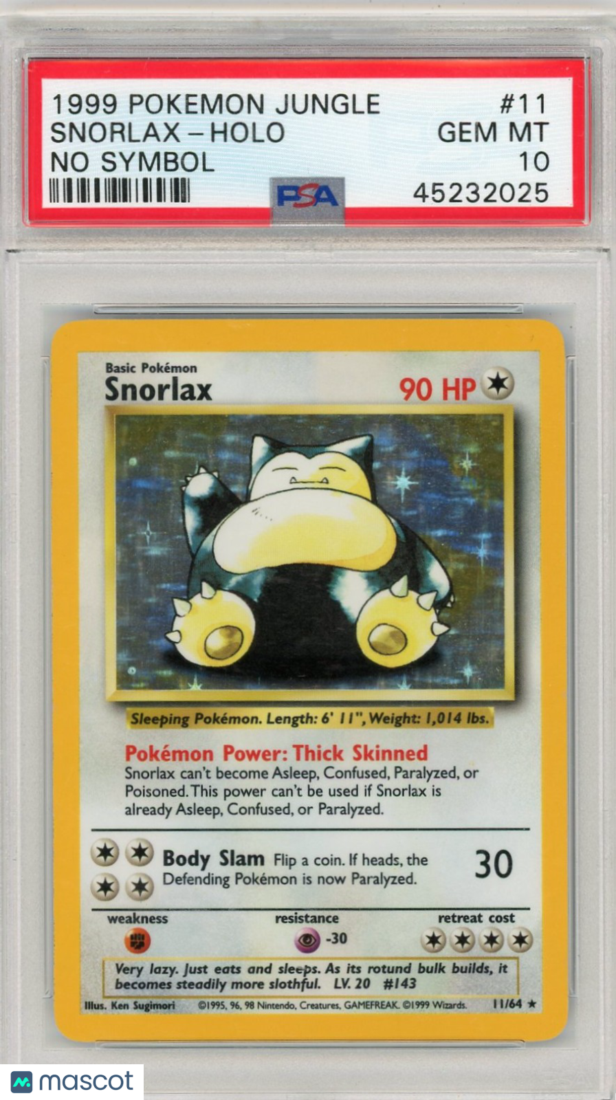 1999 Pokemon Jungle Snorlax Holo No Symbol PSA 10 #11