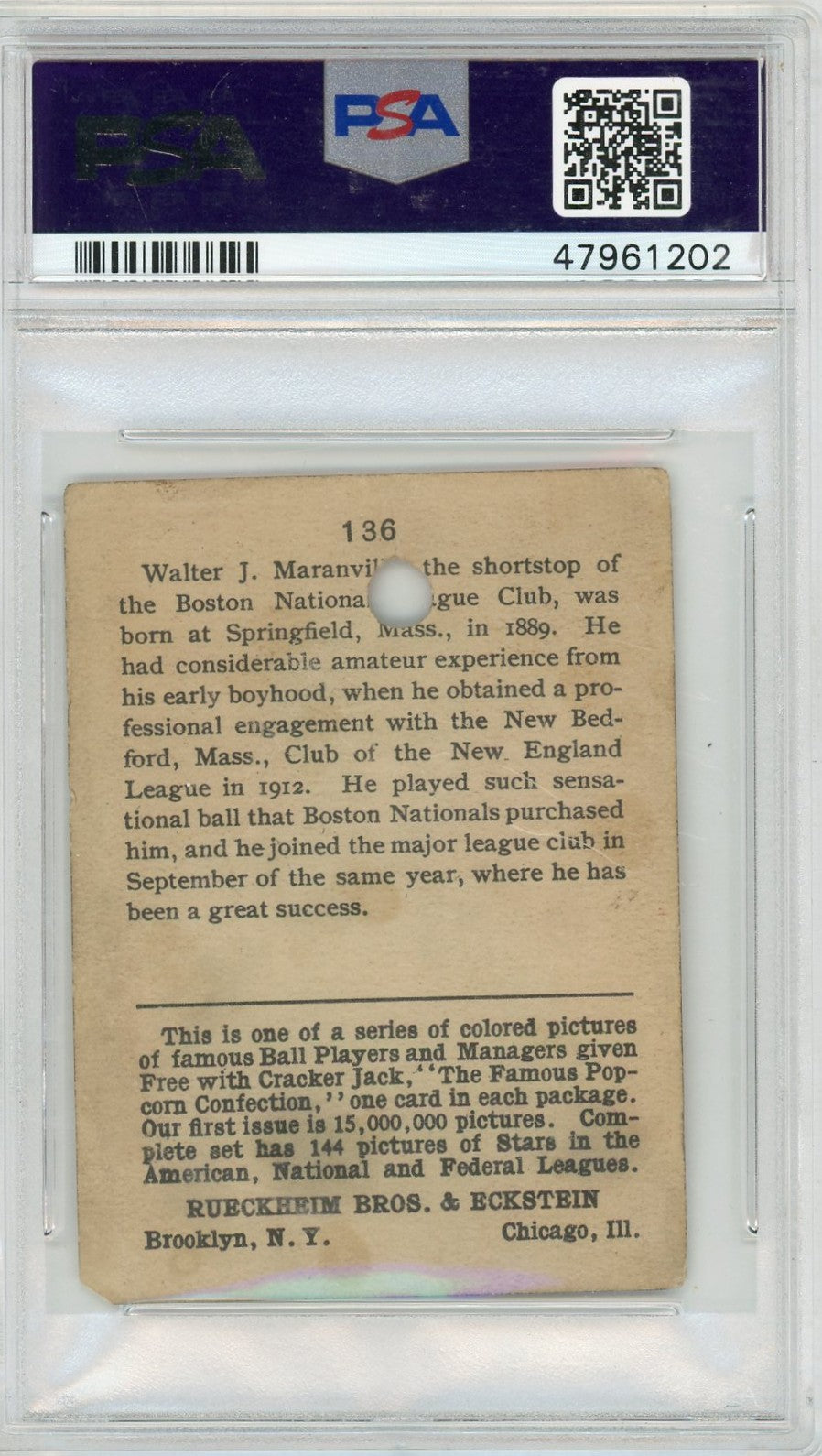 1914 Cracker Jack Rabbit Maranville #136 PSA A