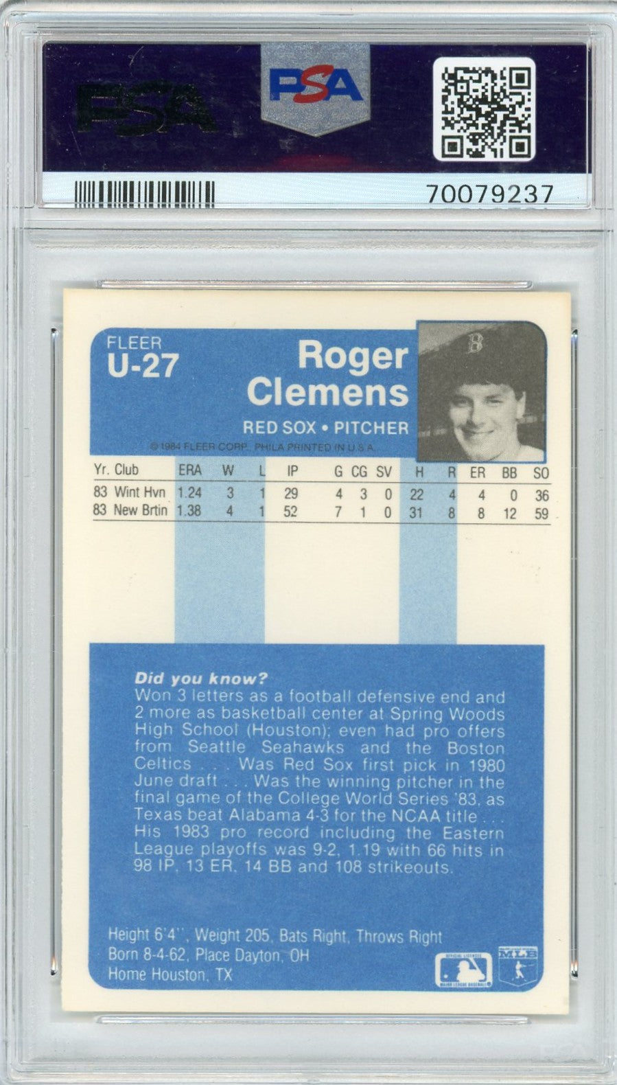 1984 Fleer Update Roger Clemens #U-27 PSA 9