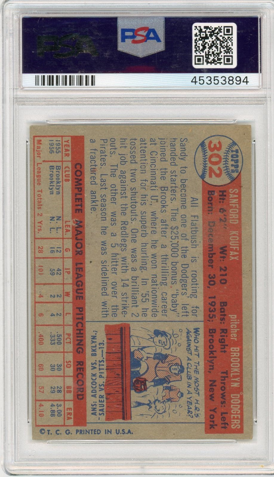 1957 Topps Sandy Koufax #302 PSA 6