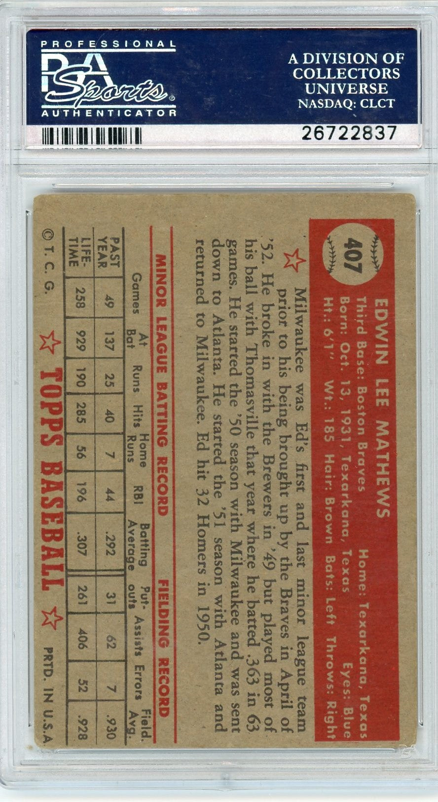 1952 Topps Ed Mathews #407 PSA 2