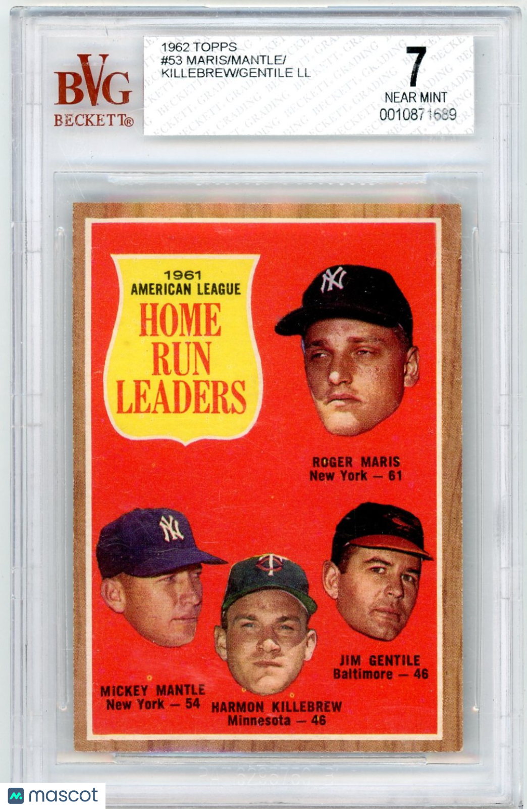1962 Topps Killebrew Gentile Mantle Maris AL Home Run Leaders #53 BVG 7