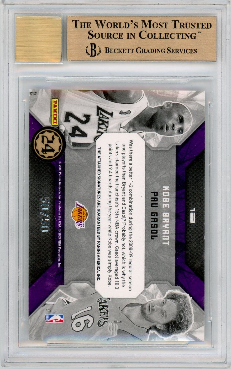 2009 Donruss Elite Teamwork Combos Autos Kobe Bryant-Gasol #13 BGS 9.5 Auto 10