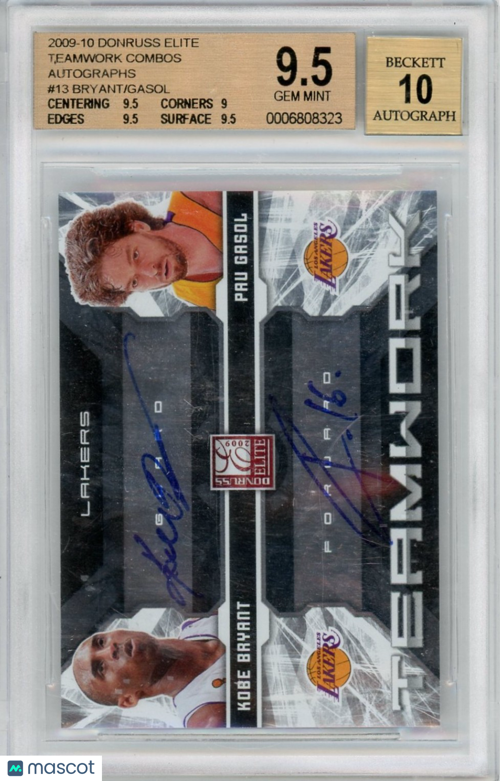 2009 Donruss Elite Teamwork Combos Autos Kobe Bryant-Gasol #13 BGS 9.5 Auto 10