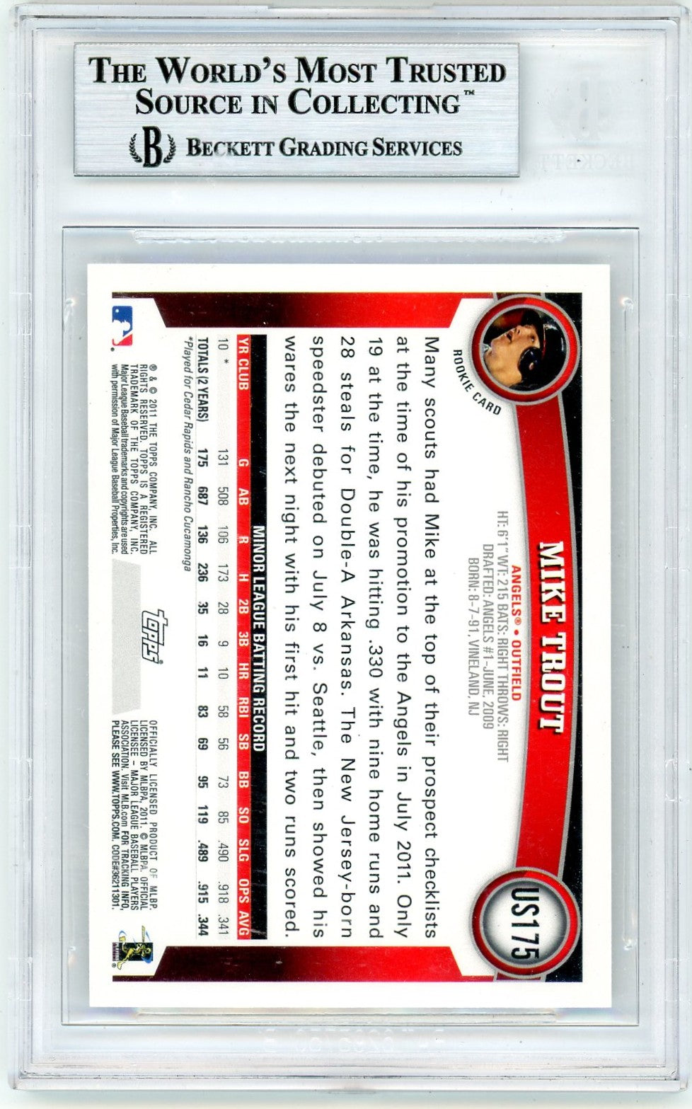 2011 Topps Update Mike Trout #US175 BGS 9 Rookie