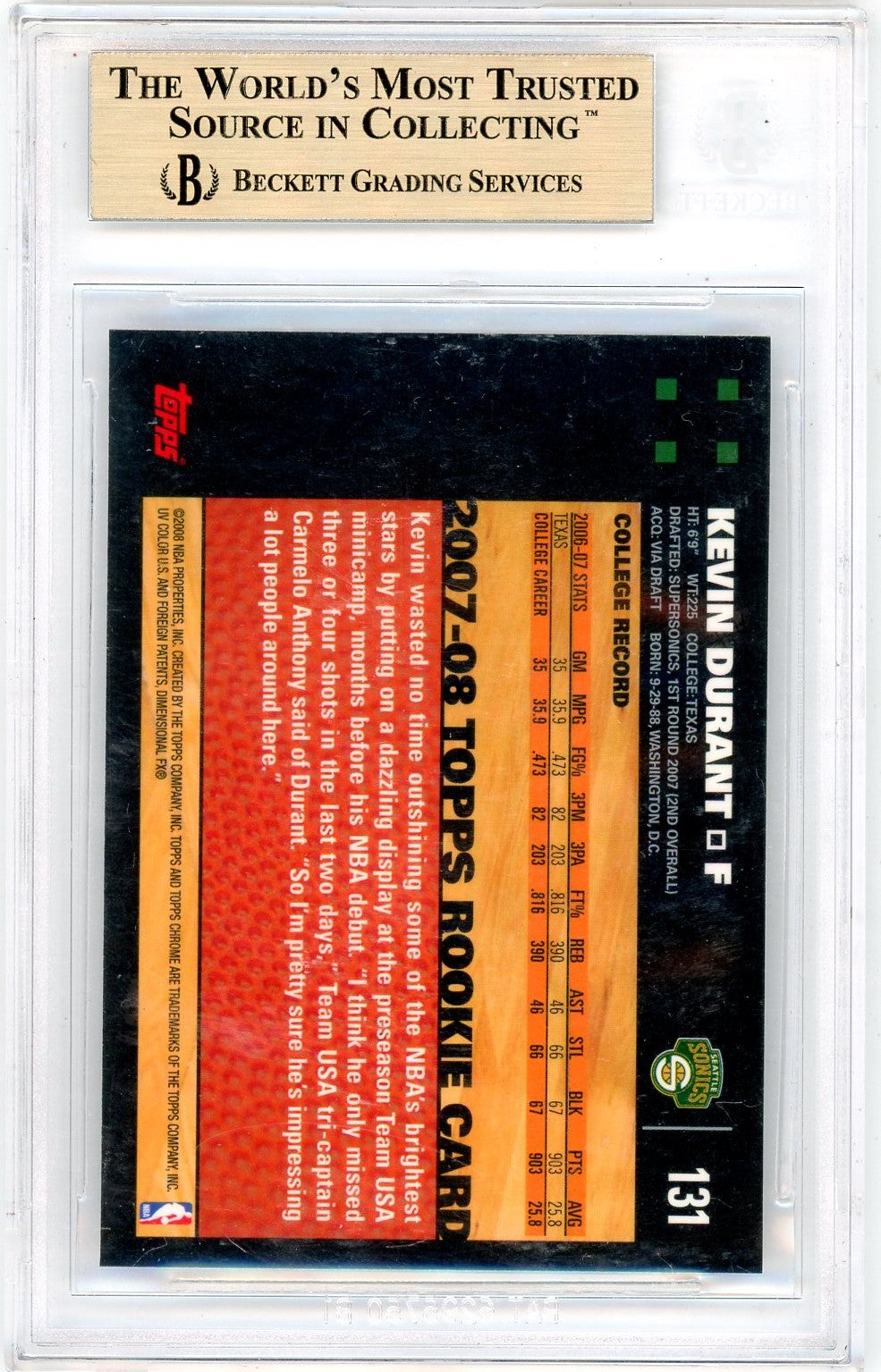 2007 Topps Chrome Kevin Durant #131 BGS 9.5 Rookie