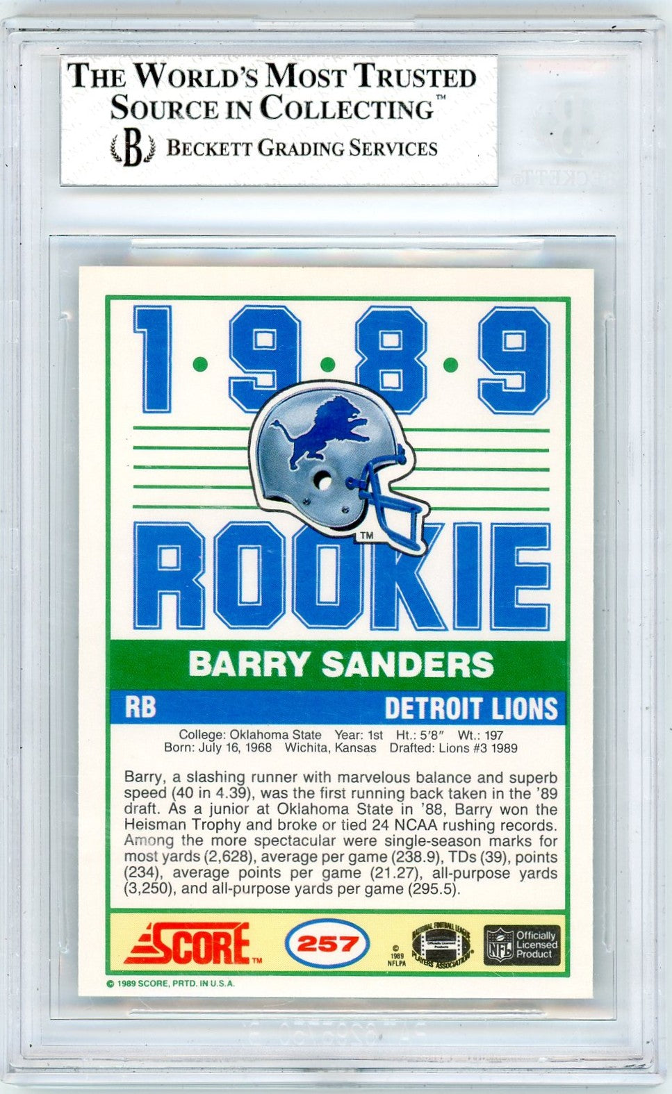 1989 Score Barry Sanders #257 BGS 8 Rookie