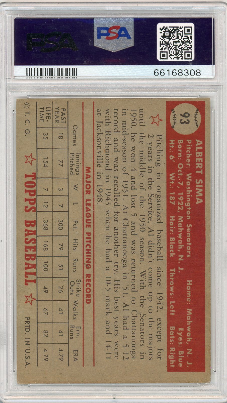 1952 Topps Al Sima #93 PSA 4