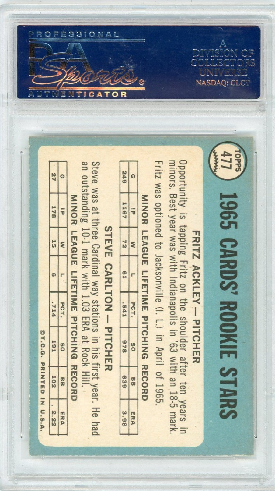 1965 Topps Cardinals Rookies #477 F. Ackley S. Carlton PSA 7