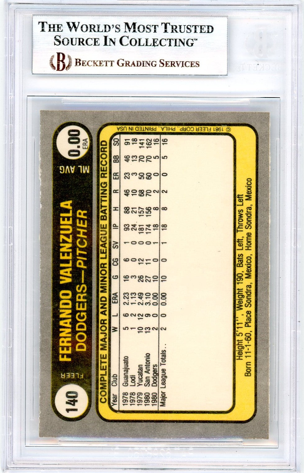 1981 Fleer Fernando Valenzuela #140 BGS 9 Rookie