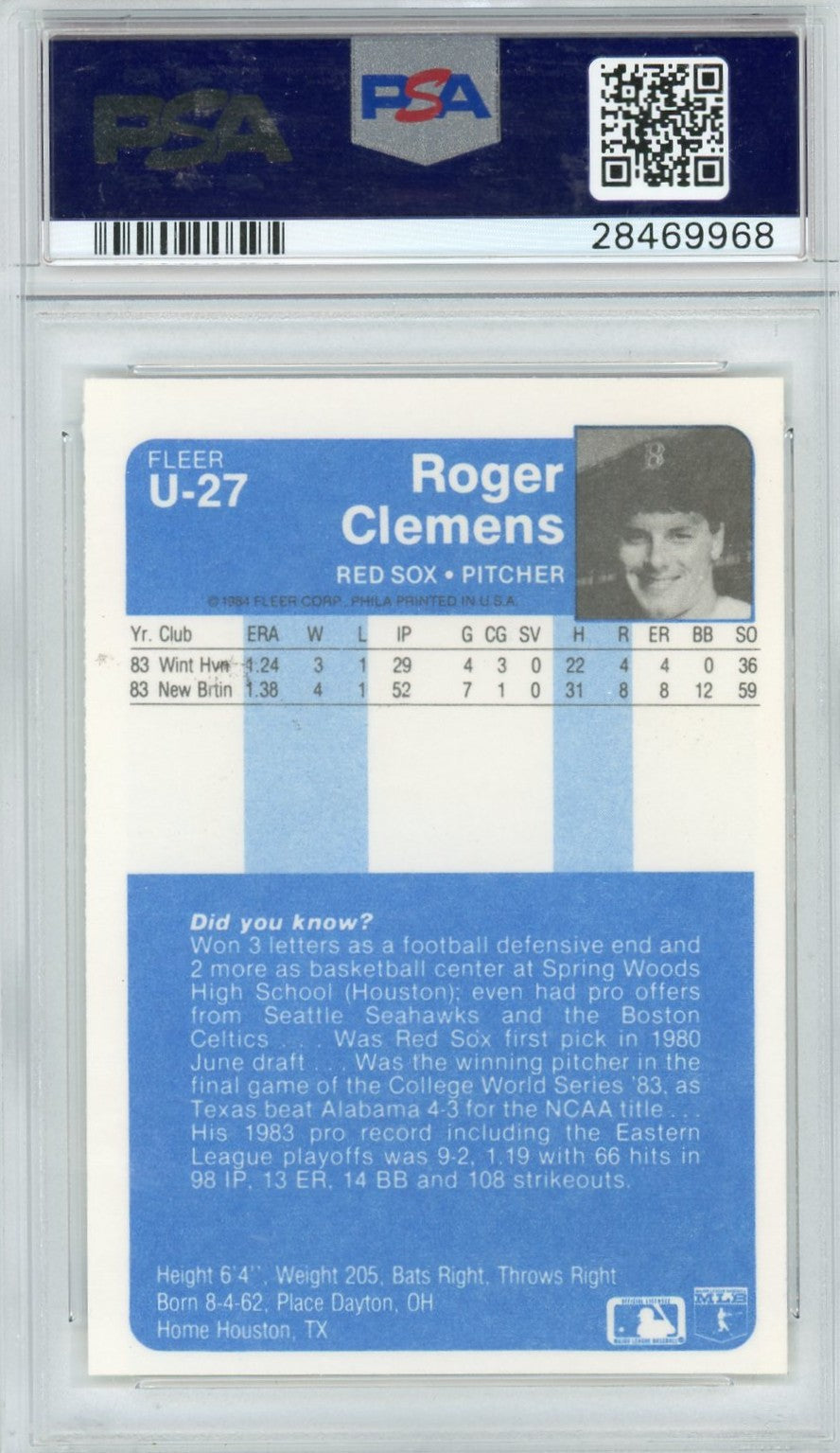 1984 Fleer Update Roger Clemens #U-27 PSA 9