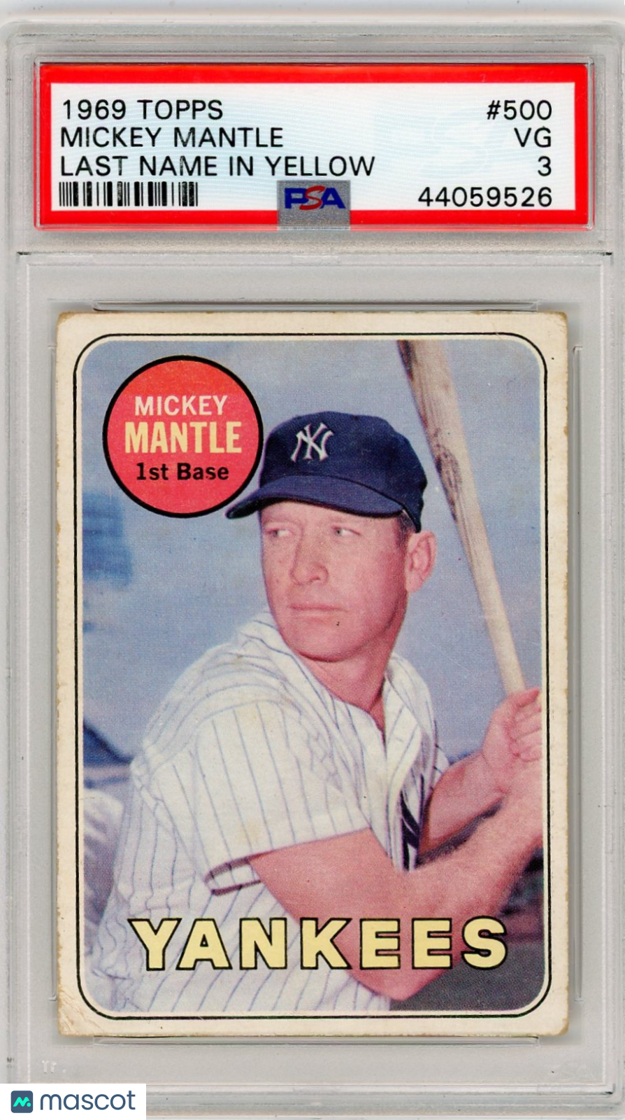 1969 Topps Mickey Mantle #500 Last Name In Yellow PSA 3