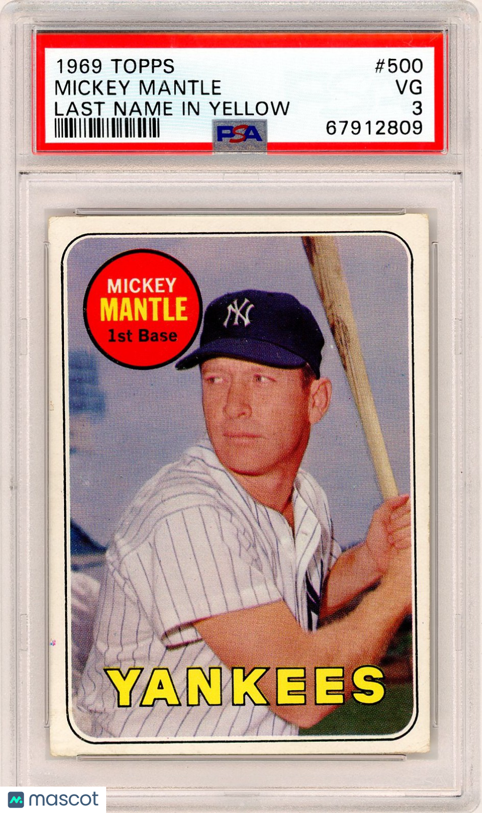 1969 Topps Mickey Mantle #500 Last Name In Yellow PSA 3