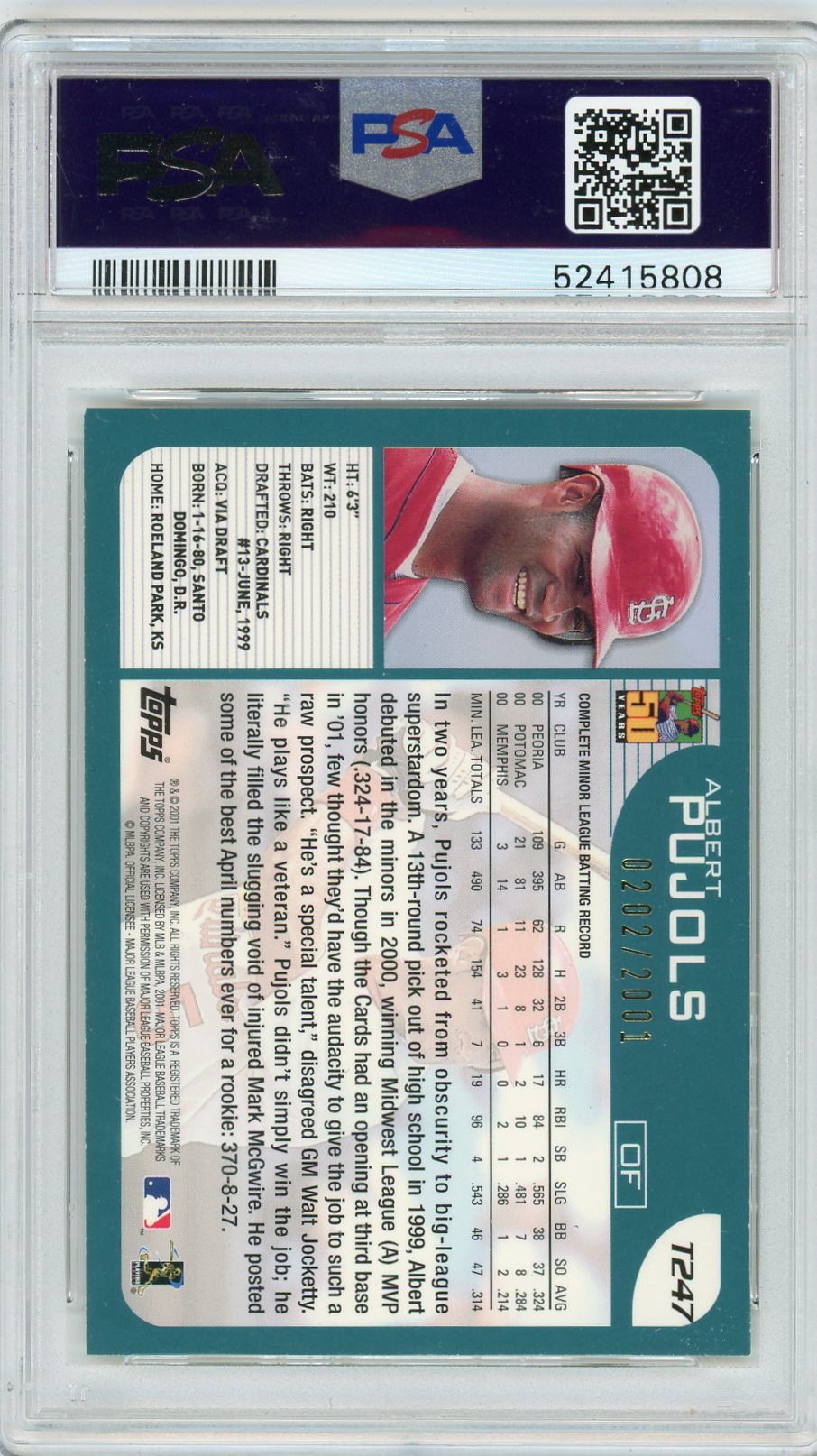 2001 Topps Traded Albert Pujols #T247 Gold PSA 8