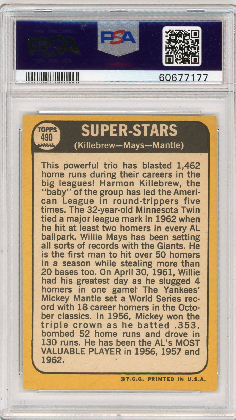1968 Topps Super Stars #490 Killebrew Mays Mantle PSA 7