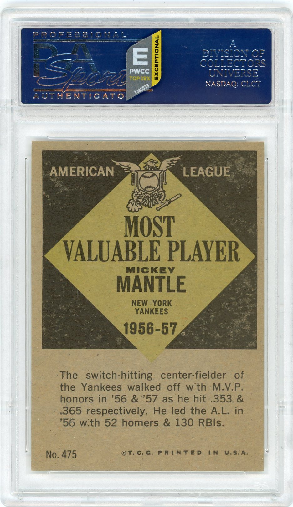 1961 Topps Mickey Mantle #475 MVP PSA 7